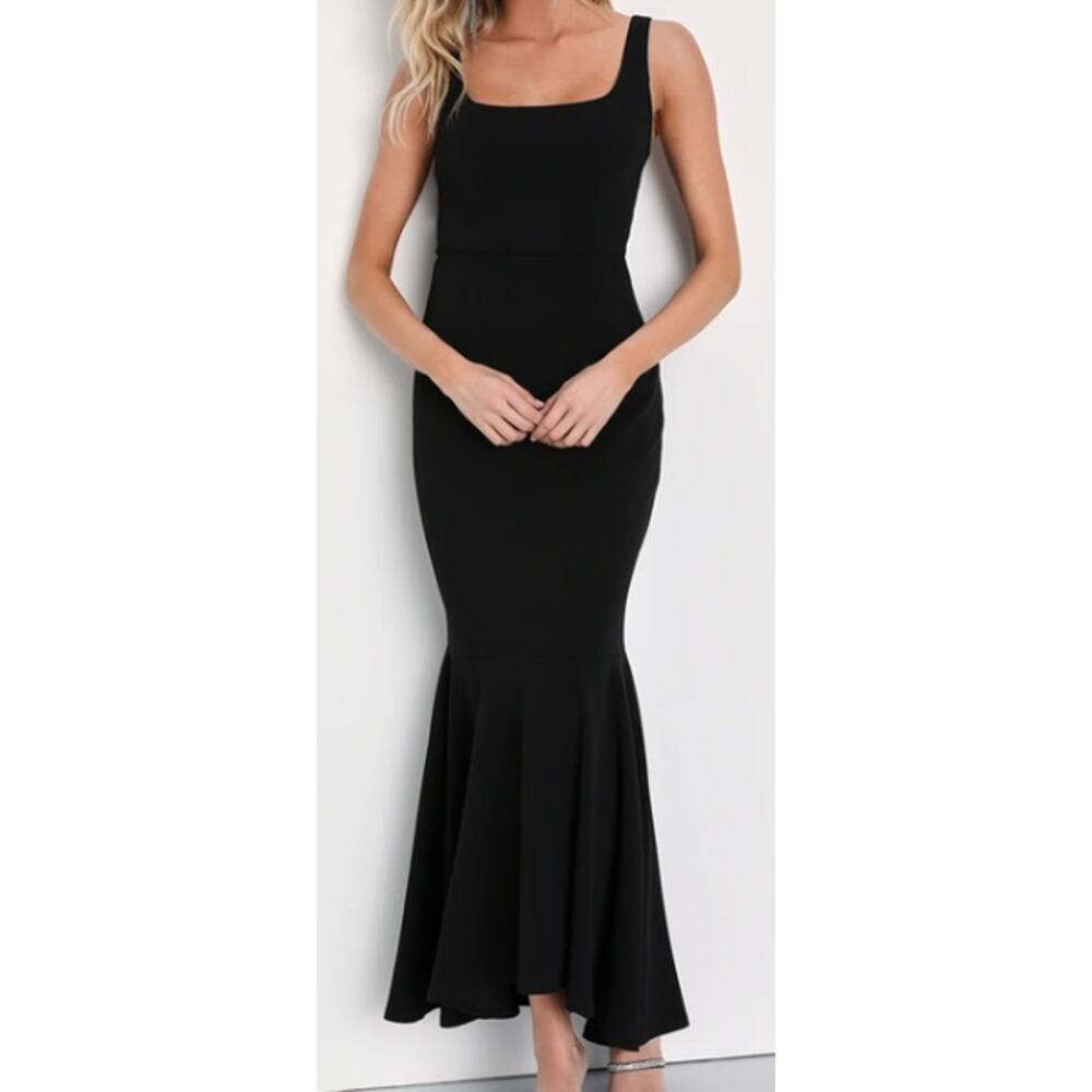 LULU'S SZ L Romantic Destiny Black Square Neck Trumpet Maxi Dress